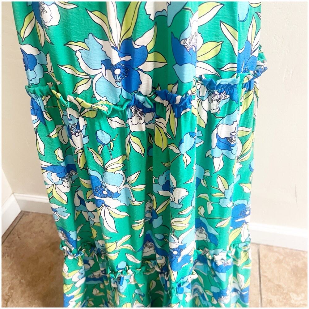 Monteau Los Angeles Floral Tiered Maxi Dress Green Size Large V-Neck Bohemian - Picture 9 of 14